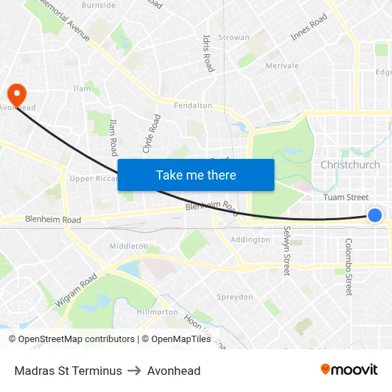 Madras St Terminus to Avonhead map