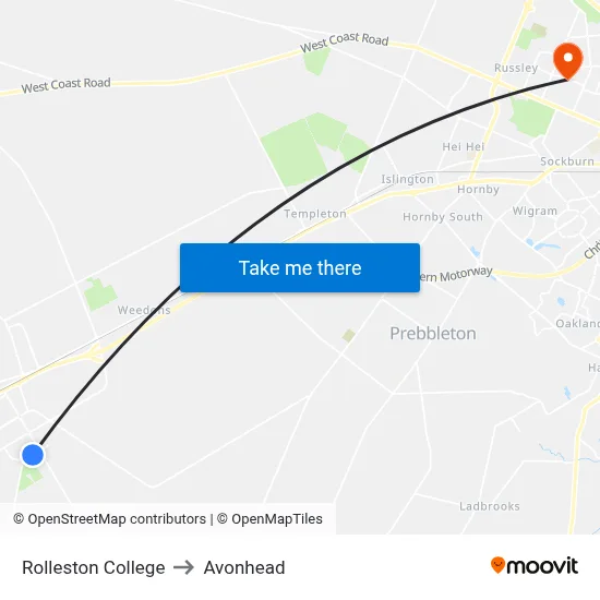 Rolleston College to Avonhead map