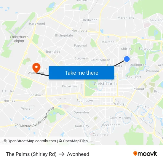 The Palms (Shirley Rd) to Avonhead map