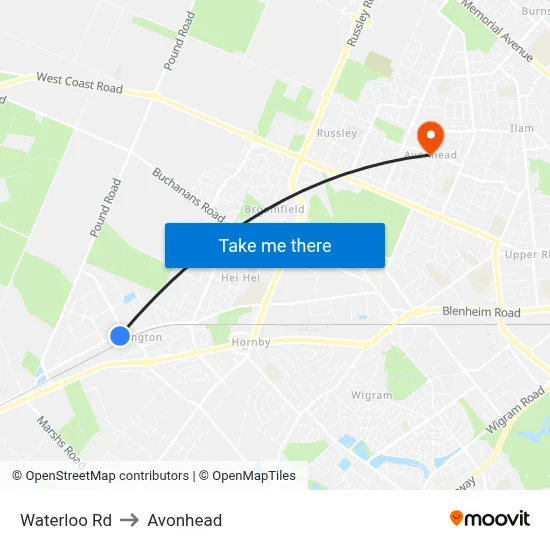 Waterloo Rd to Avonhead map