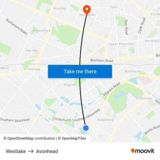 Westlake to Avonhead map