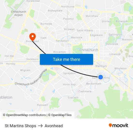 St Martins Shops to Avonhead map