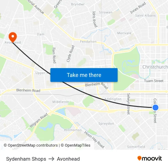 Sydenham Shops to Avonhead map