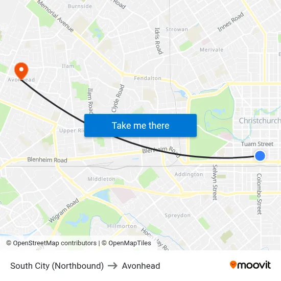 South City (Northbound) to Avonhead map