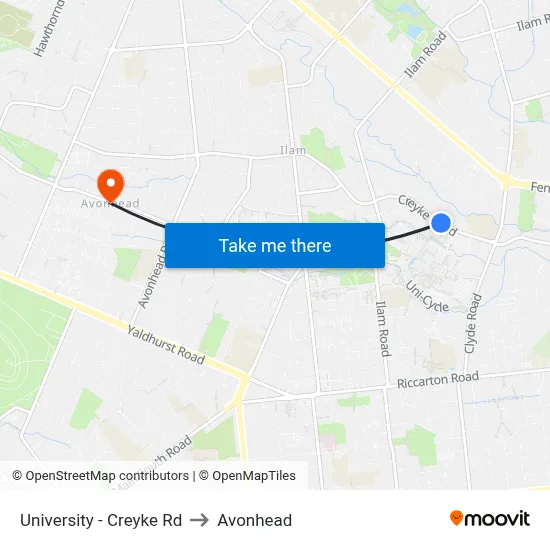 University - Creyke Rd to Avonhead map