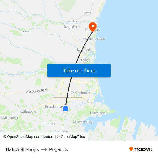 Halswell Shops to Pegasus map