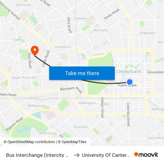 Bus Interchange (Intercity Stop) to University Of Canterbury map