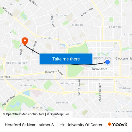 Hereford St Near Latimer Square to University Of Canterbury map
