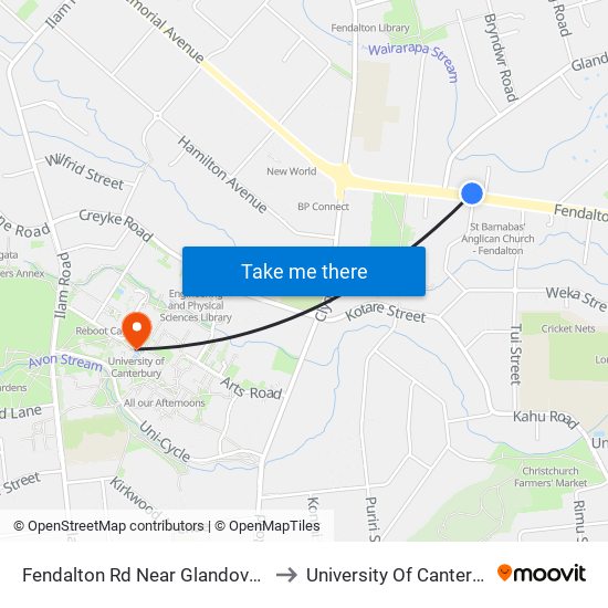 Fendalton Rd Near Glandovey Rd to University Of Canterbury map