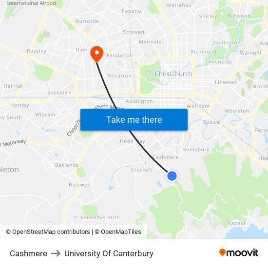 Cashmere to University Of Canterbury map