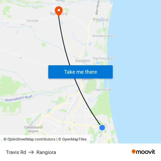 Travis Rd to Rangiora map