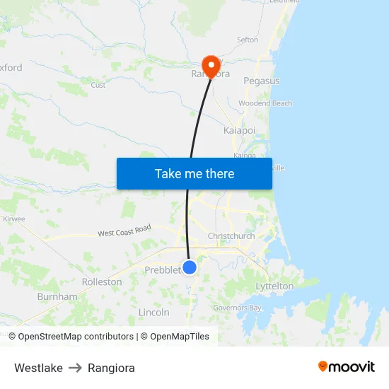 Westlake to Rangiora map