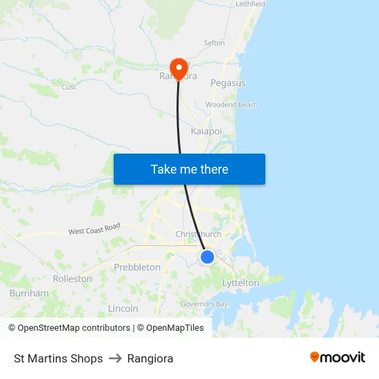 St Martins Shops to Rangiora map