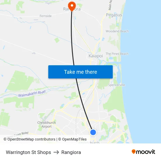 Warrington St Shops to Rangiora map