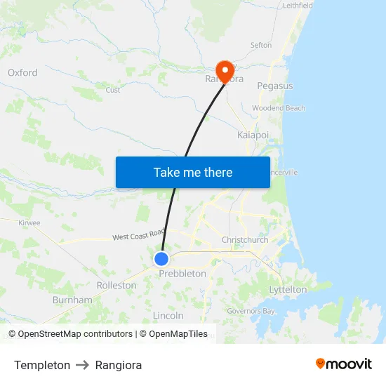 Templeton to Rangiora map
