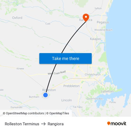 Rolleston Terminus to Rangiora map