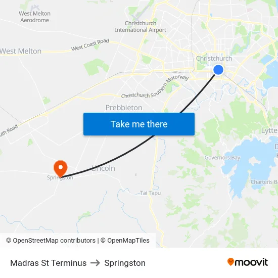 Madras St Terminus to Springston map
