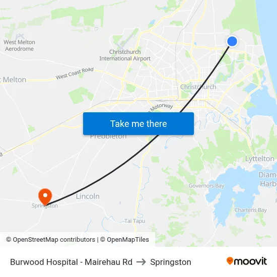 Burwood Hospital - Mairehau Rd to Springston map