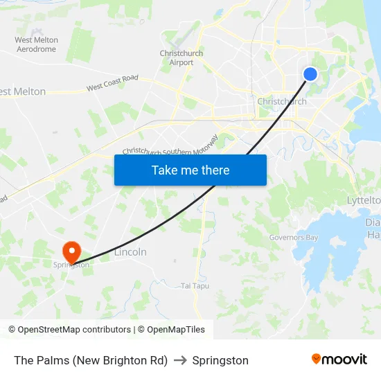 The Palms (New Brighton Rd) to Springston map