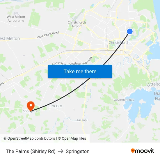The Palms (Shirley Rd) to Springston map