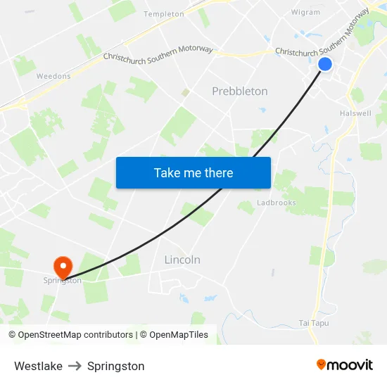 Westlake to Springston map