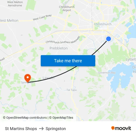 St Martins Shops to Springston map