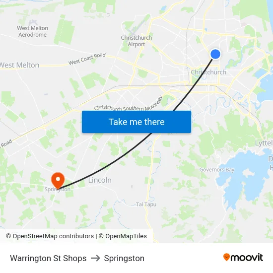Warrington St Shops to Springston map