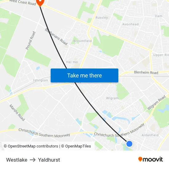 Westlake to Yaldhurst map