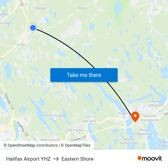 Halifax Airport YHZ to Eastern Shore map