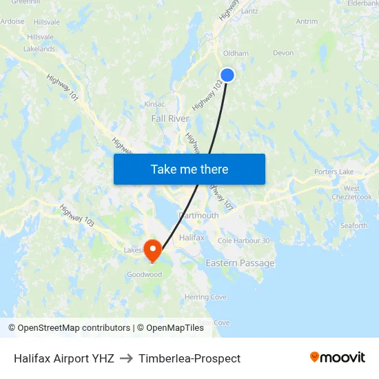 Halifax Airport YHZ to Timberlea-Prospect map
