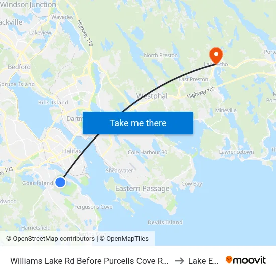 Williams Lake Rd Before Purcells Cove Rd (2181) to Lake Echo map