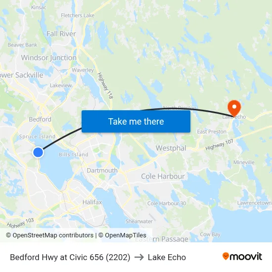 Bedford Hwy at Civic 656 (2202) to Lake Echo map