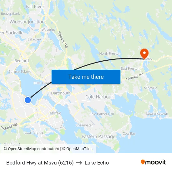 Bedford Hwy at Msvu (6216) to Lake Echo map
