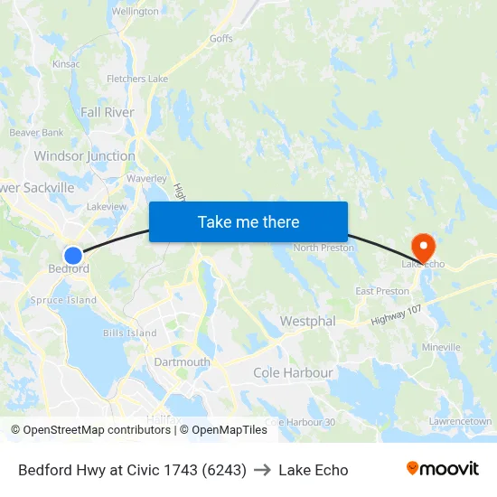Bedford Hwy at Civic 1743 (6243) to Lake Echo map