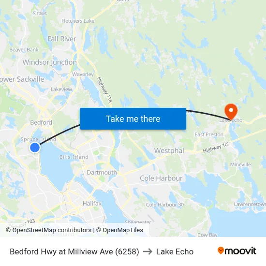 Bedford Hwy at Millview Ave (6258) to Lake Echo map