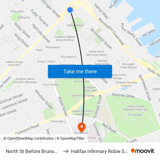 North St Before Brunswick St (7351) to Halifax Infirmary Robie Street Entrance map