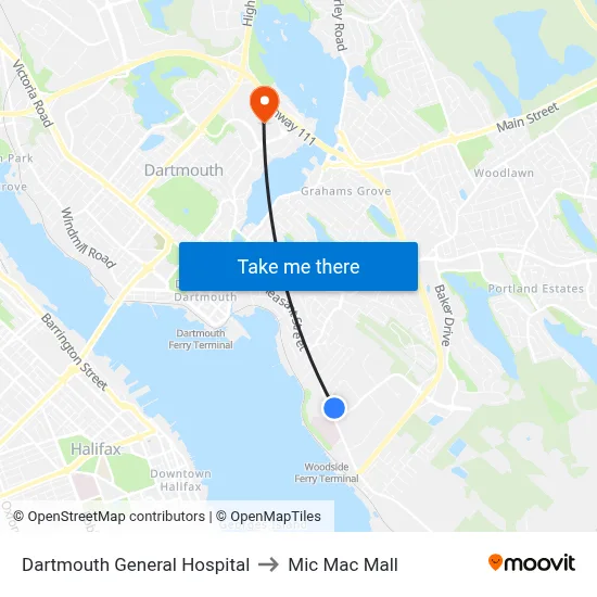 Dartmouth General Hospital to Mic Mac Mall map