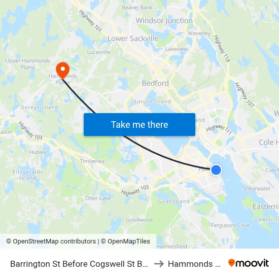 Barrington St Before Cogswell St  Bay 2 (2348) to Hammonds Plains map
