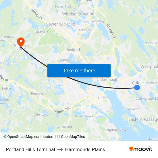 Portland Hills Terminal to Hammonds Plains map