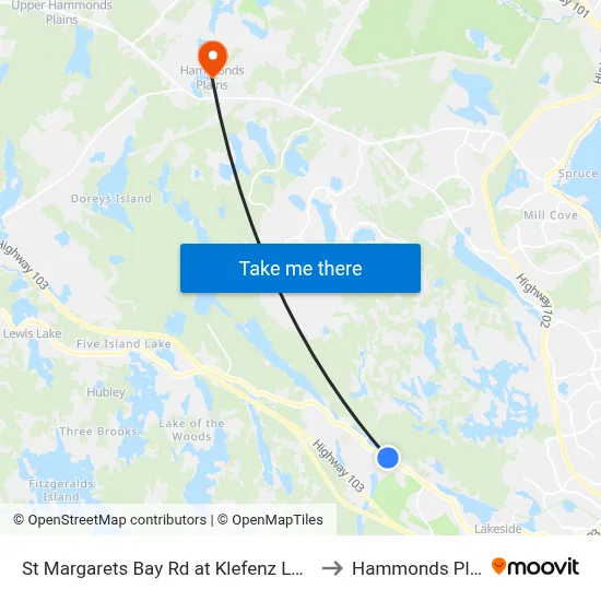 St Margarets Bay Rd at Klefenz Ln (6150) to Hammonds Plains map