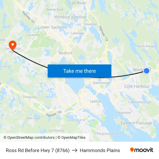 Ross Rd Before Hwy 7 (8766) to Hammonds Plains map