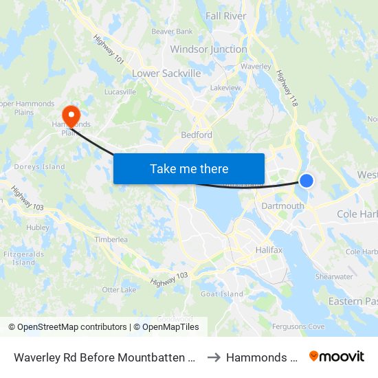 Waverley Rd Before Mountbatten Ave (8447) to Hammonds Plains map