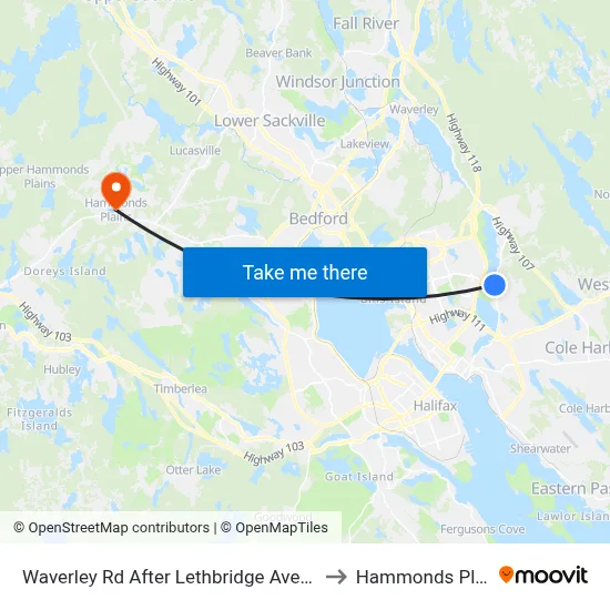 Waverley Rd After Lethbridge Ave (8440) to Hammonds Plains map