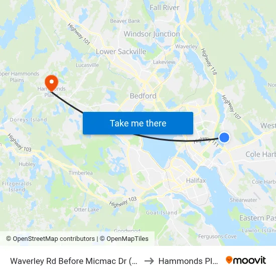 Waverley Rd Before Micmac Dr (8448) to Hammonds Plains map