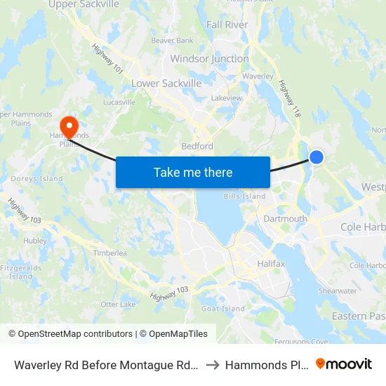 Waverley Rd Before Montague Rd (8457) to Hammonds Plains map