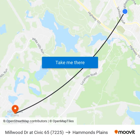Millwood Dr at Civic 65 (7225) to Hammonds Plains map