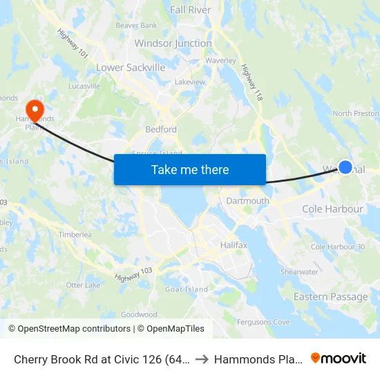 Cherry Brook Rd at Civic 126 (6416) to Hammonds Plains map