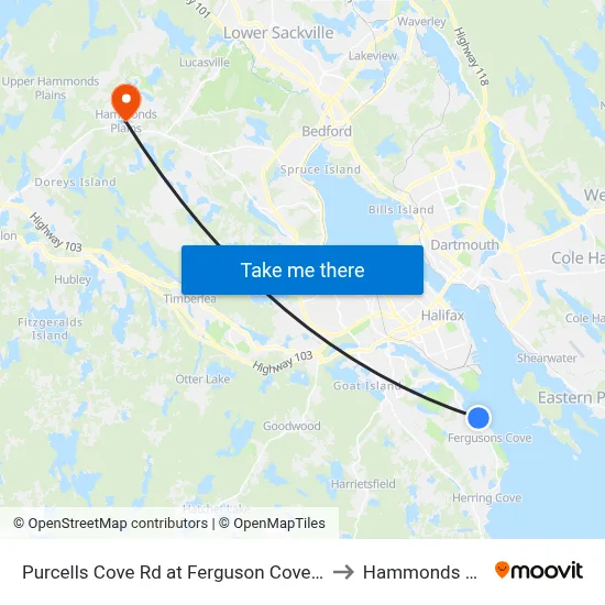 Purcells Cove Rd at Ferguson Cove Rd (8084) to Hammonds Plains map