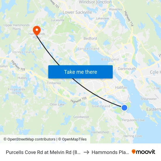 Purcells Cove Rd at Melvin Rd (8096) to Hammonds Plains map