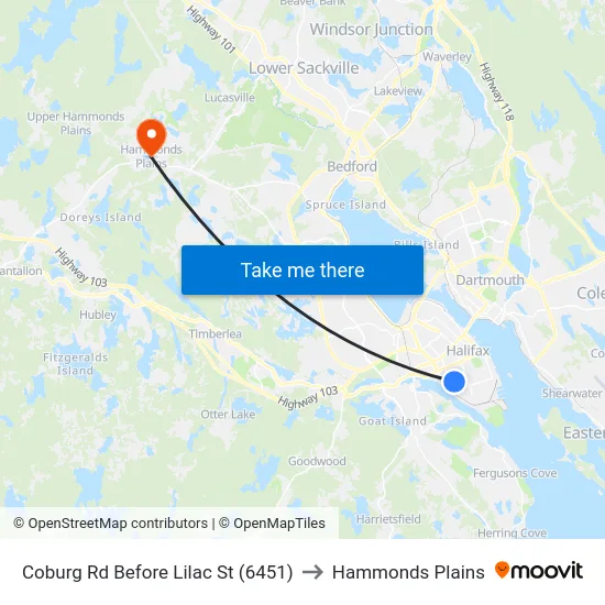 Coburg Rd Before Lilac St (6451) to Hammonds Plains map